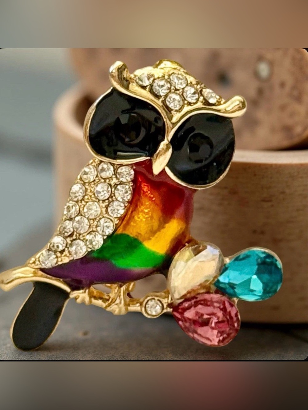 Colorful Rhinestone Owl Brooch - Rainbow Enamel & Crystal Accents